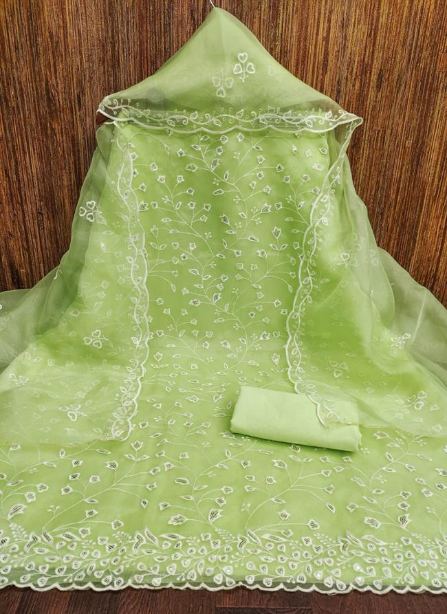 Organza Silk Green Traditional Wear Sequins Work Dress Material